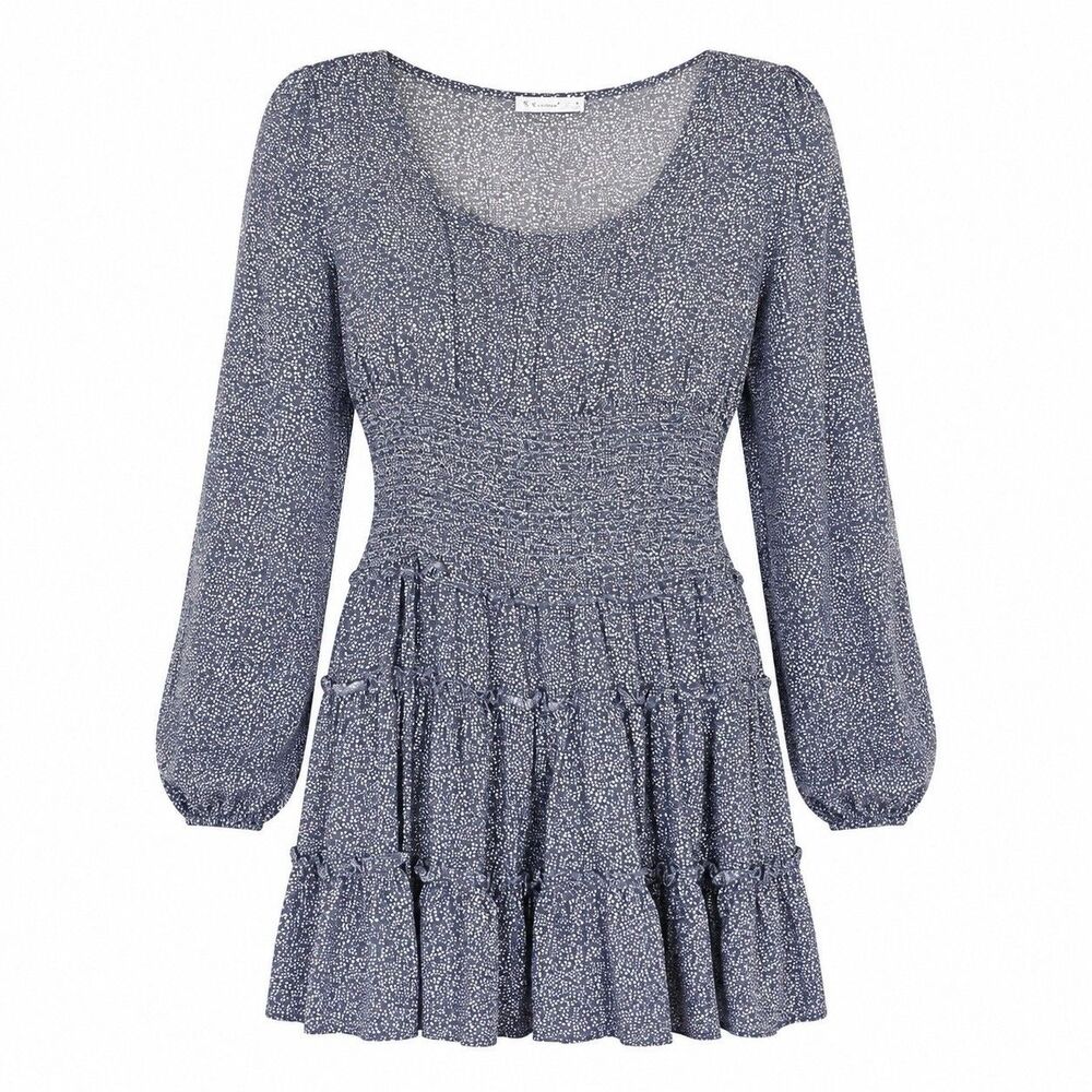 R.Vivimos Womens M Blue Floral Smocked Tiered Mini Dress Cottagecore Boho